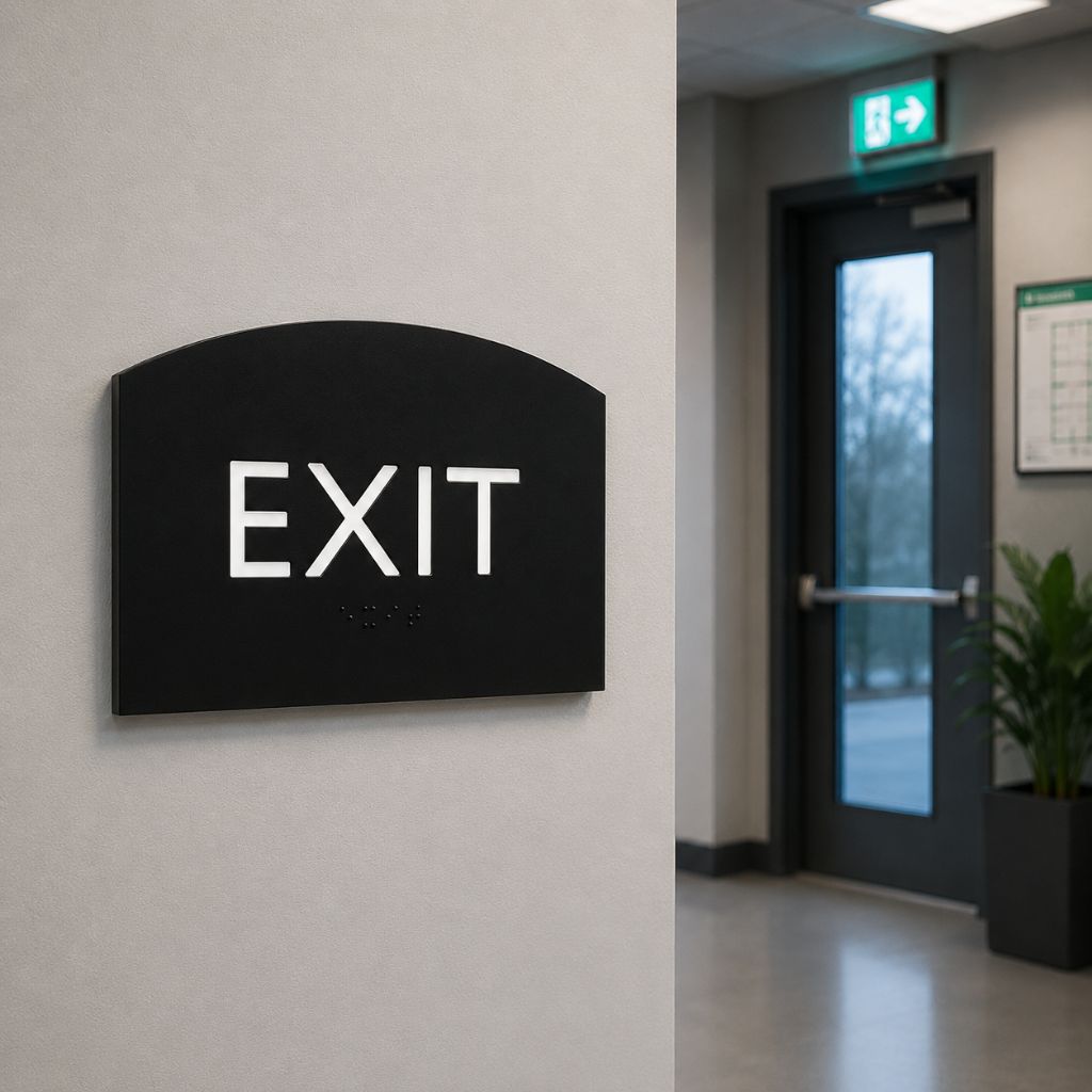 Emergency exit sign and evacuation signage